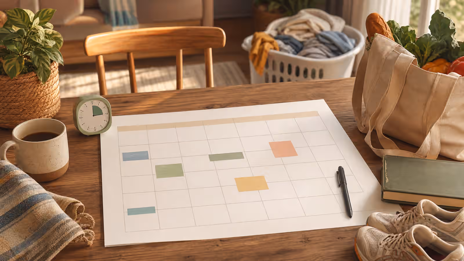 A weekend planning table with a blank calendar grid, color blocks, mug, laundry basket, grocery tote, book, shoes, and timer.