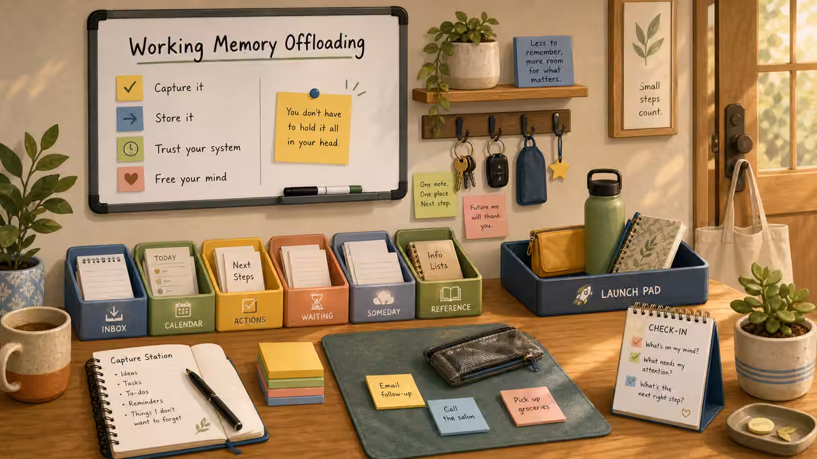A tidy offload station with trays, whiteboard checklist, capture notebook, hooks, reminders, and a launch pad near a door.
