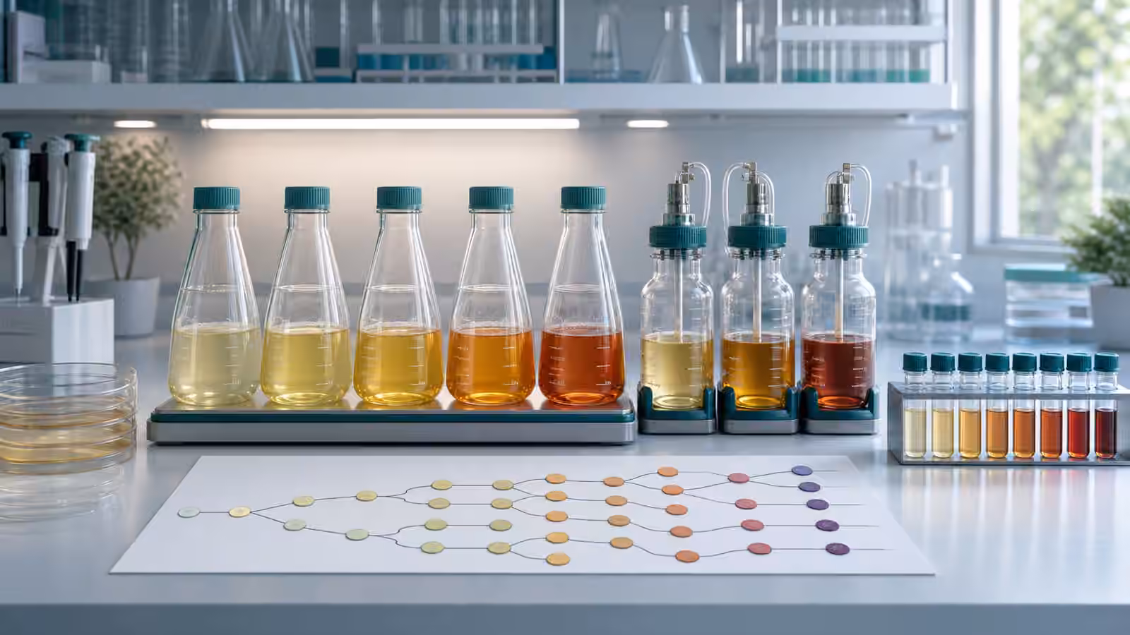 Sealed culture flasks, small bioreactors, sample vials, and an unlabeled branching lineage diagram on a synthetic biology lab bench.