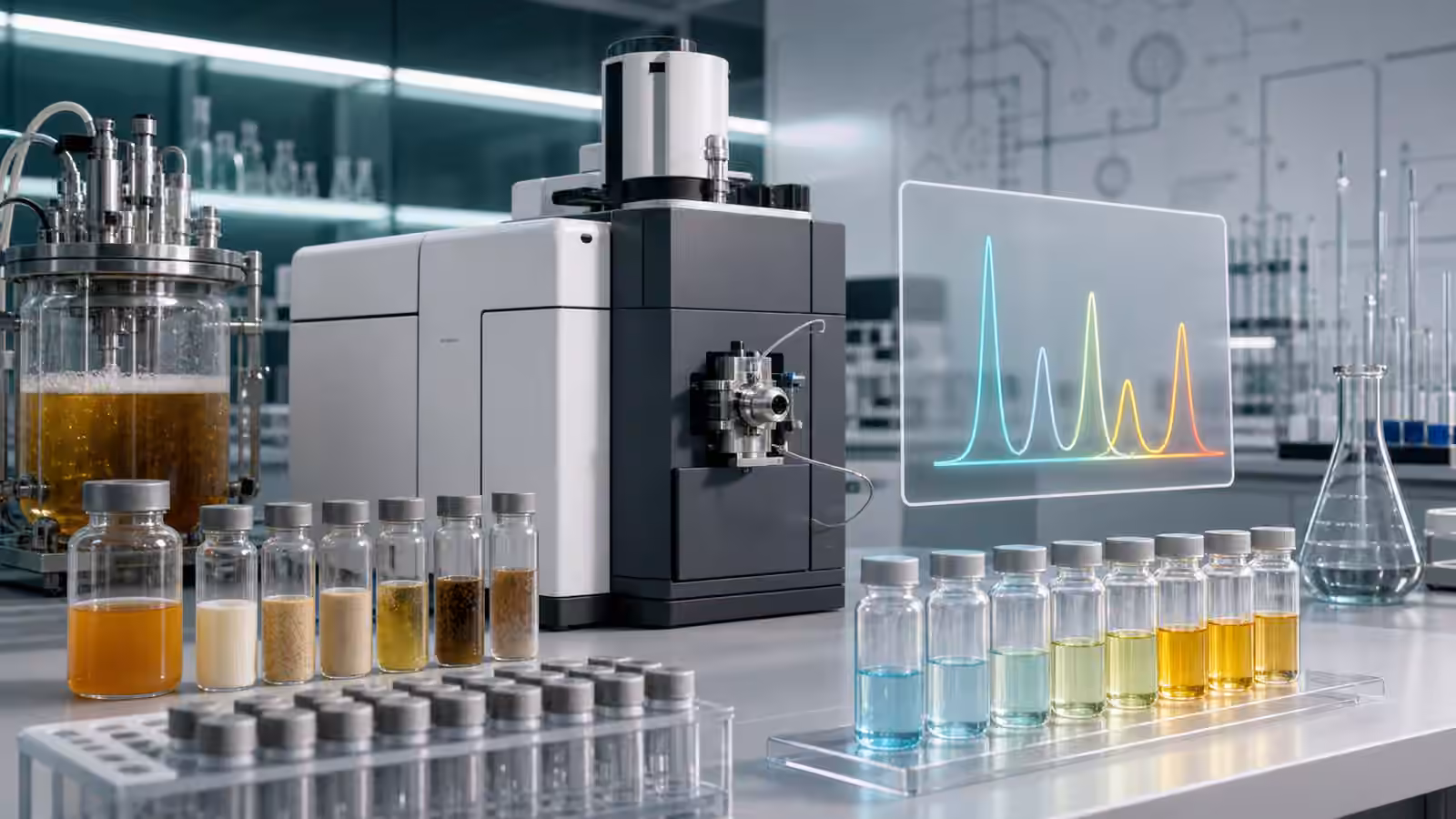Sealed sample vials, a compact analytical instrument, glassware, and a text-free colored signal panel for bioproduct identity testing.