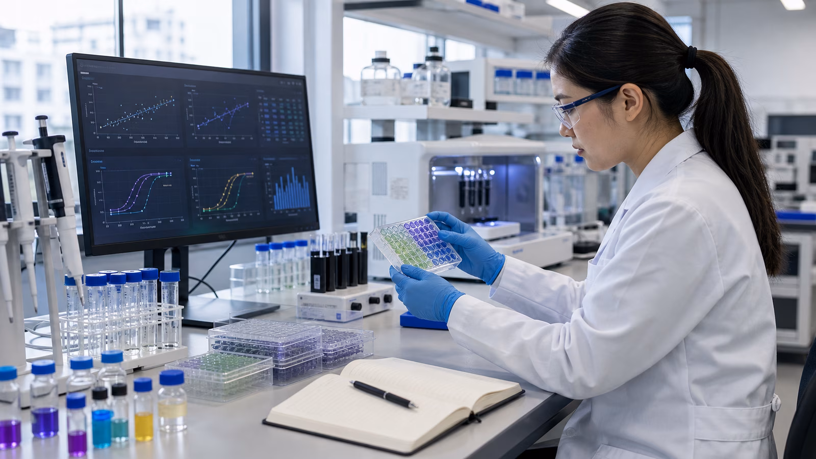 A scientist in a clean biofoundry reviewing measurement results beside sealed microplates, calibration samples, pipettes, and organized lab data screens