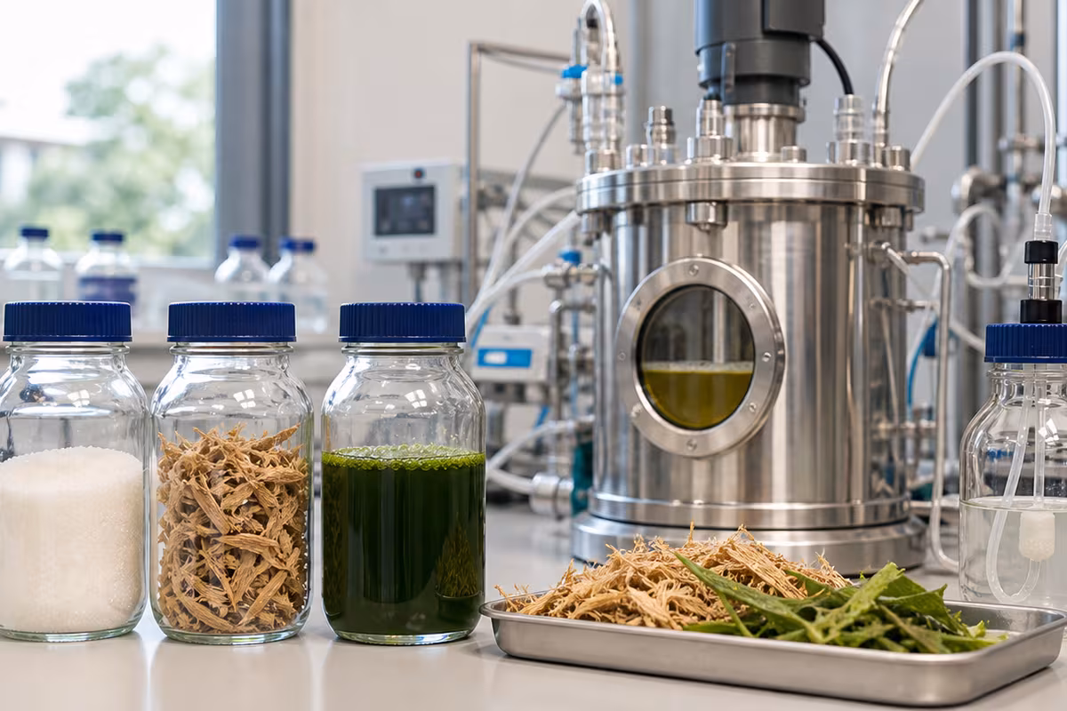 A clean bioprocess lab bench with sealed feedstock samples, stainless bioreactor vessels, sensors, tubing, plant fibers, sugar solution, and algae-colored liquid.