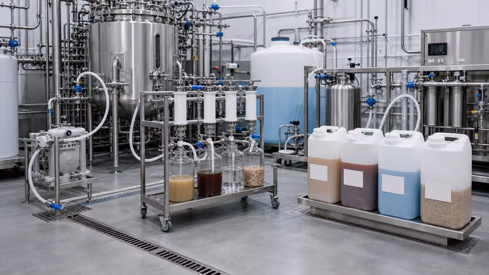Closed drain lines, filtration cartridges, neutralization tanks, and sealed containers in a clean biotech facility.