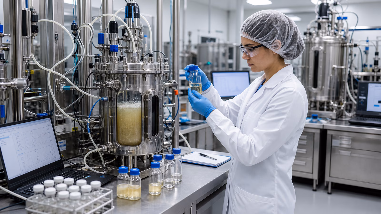 A scientist in a clean pilot-scale biotechnology lab examining sealed sample vials beside stainless fermentation vessels and process monitoring equipment.