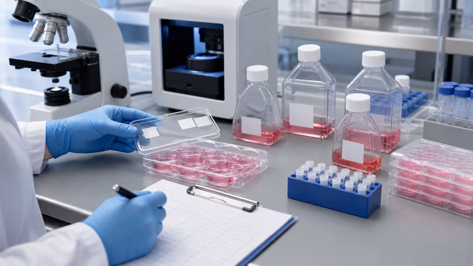 A clean mammalian cell culture development bench with sealed culture plates, capped flasks, a microscope, and sample racks.