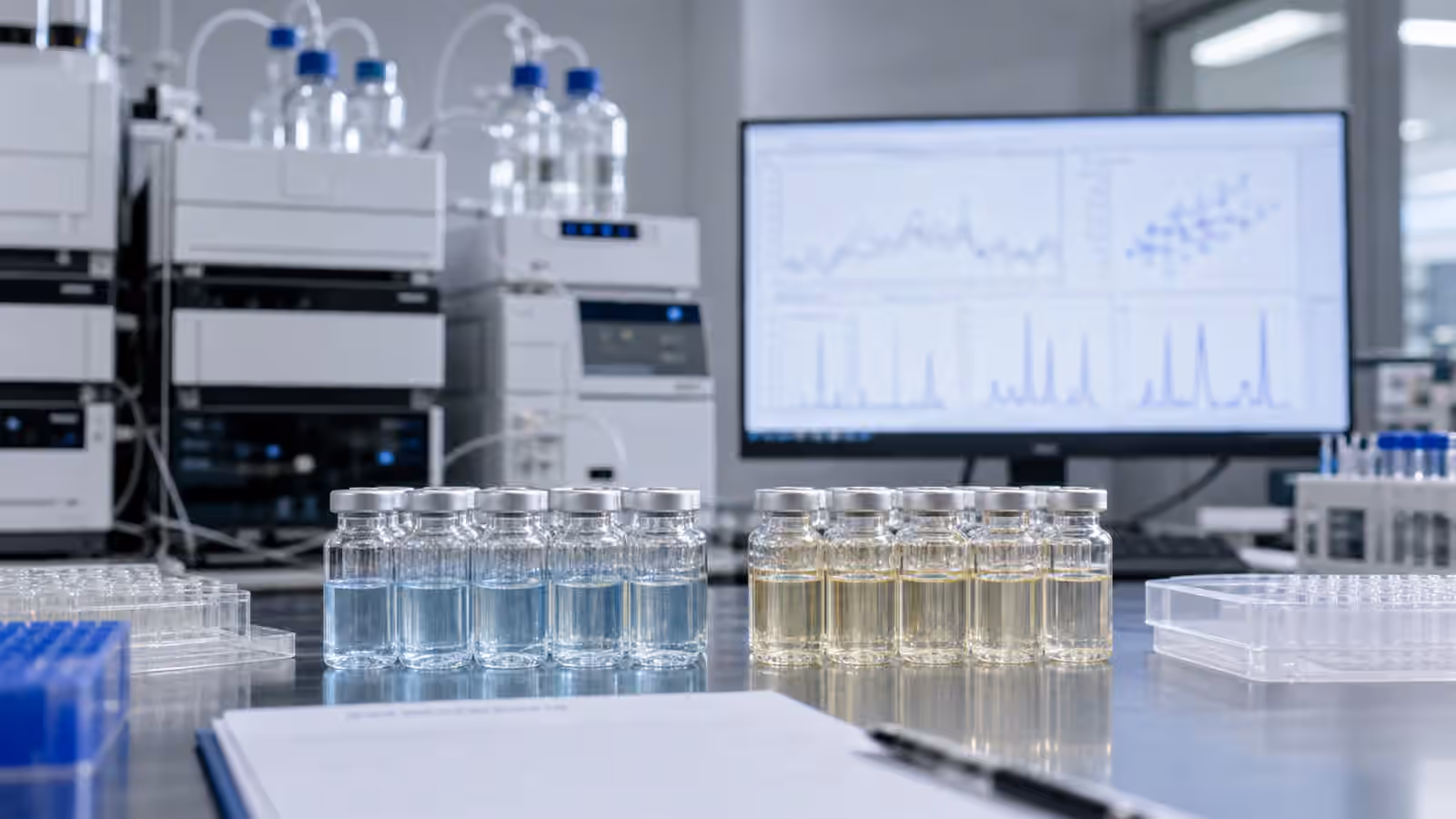 Two parallel sets of capped bioproduct sample vials being compared on an analytical biotechnology bench.