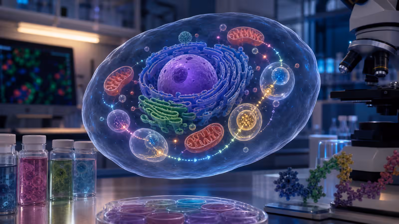 A translucent engineered cell model with organelle-like compartments above a microscopy lab bench.