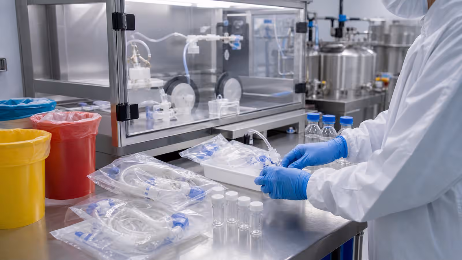 A controlled bioprocess preparation area with sealed connectors, capped bottles, and gloved hands arranging sterile components.