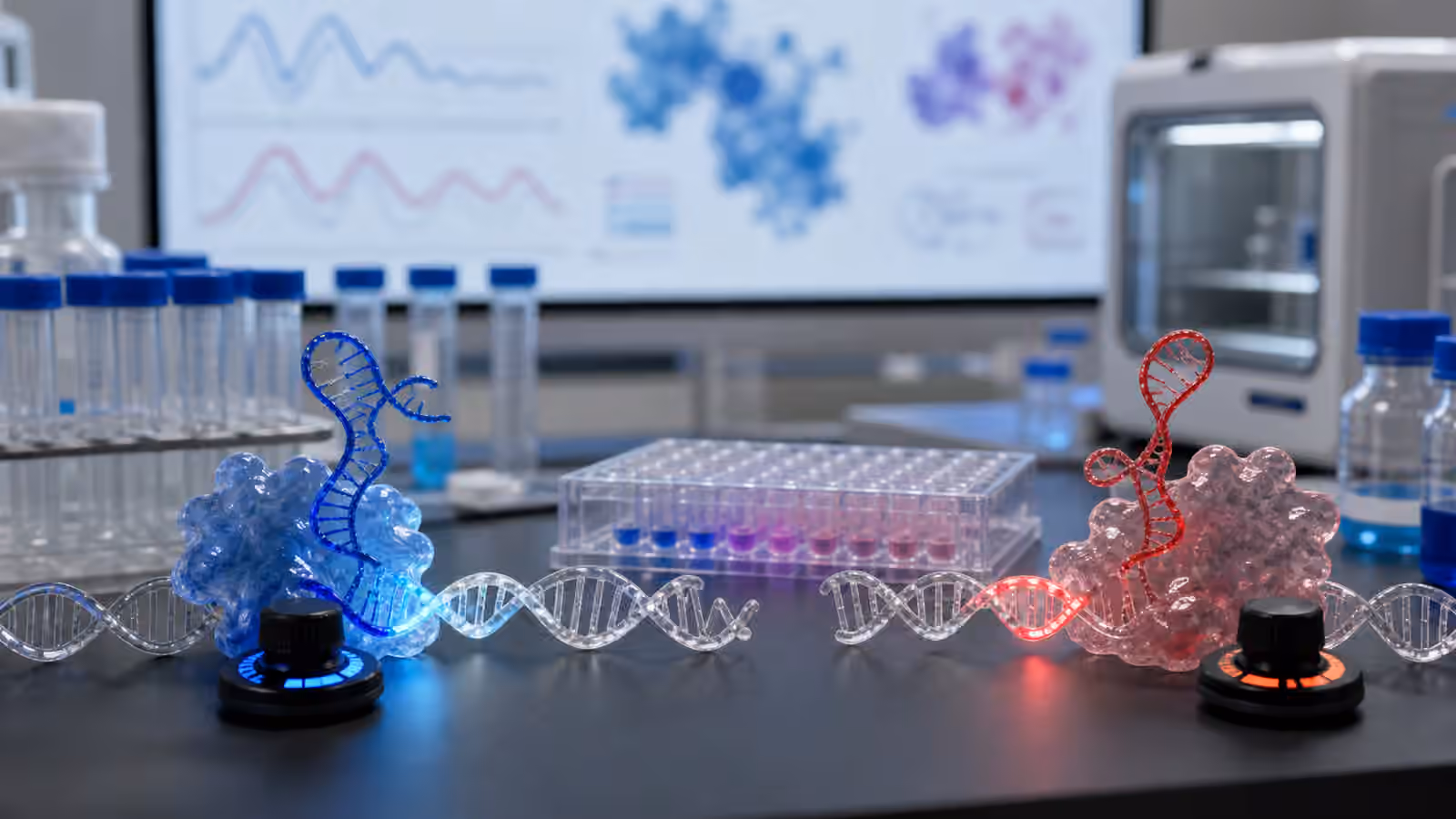 A synthetic biology bench with stylized guide RNA and DNA models beside sealed lab samples.