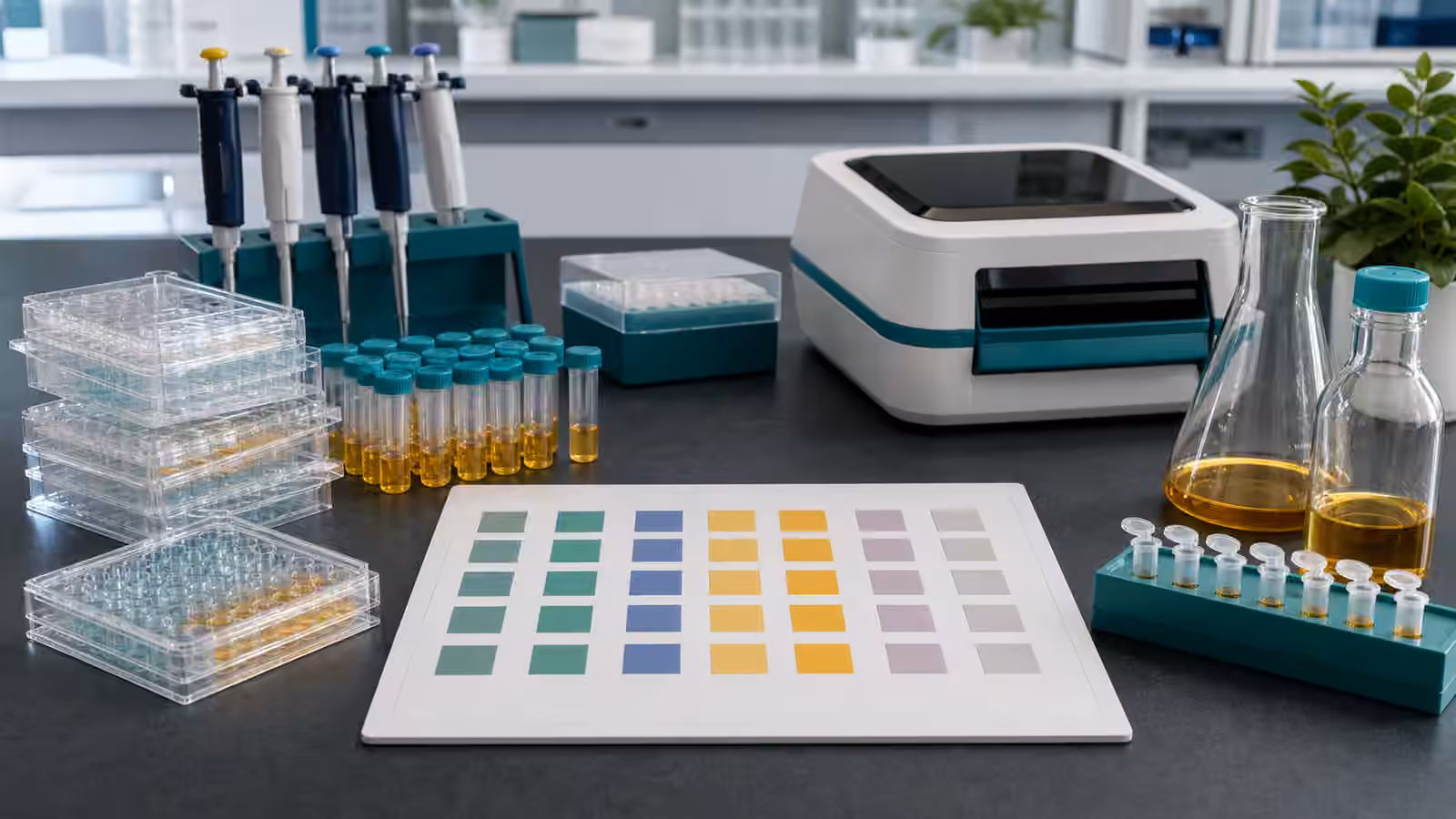 A synthetic biology bench with microplates, sealed sample vials, pipettes, and an unlabeled planning board of colored experiment squares.