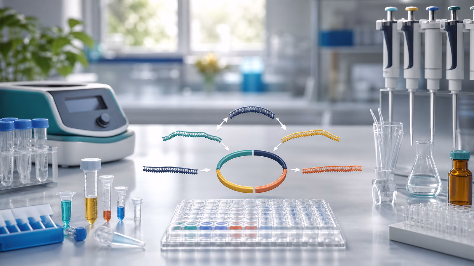 A clean synthetic biology bench with color-coded DNA fragments, a circular construct diagram, microplates, pipettes, and sealed sample tubes.