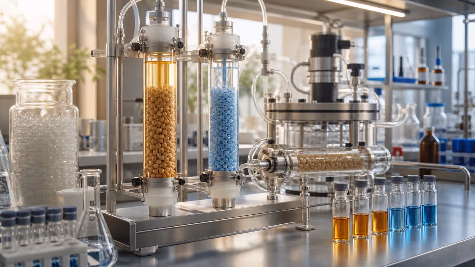Glass columns, enzyme bead supports, tubing, and sealed vials arranged for immobilized biocatalysis.