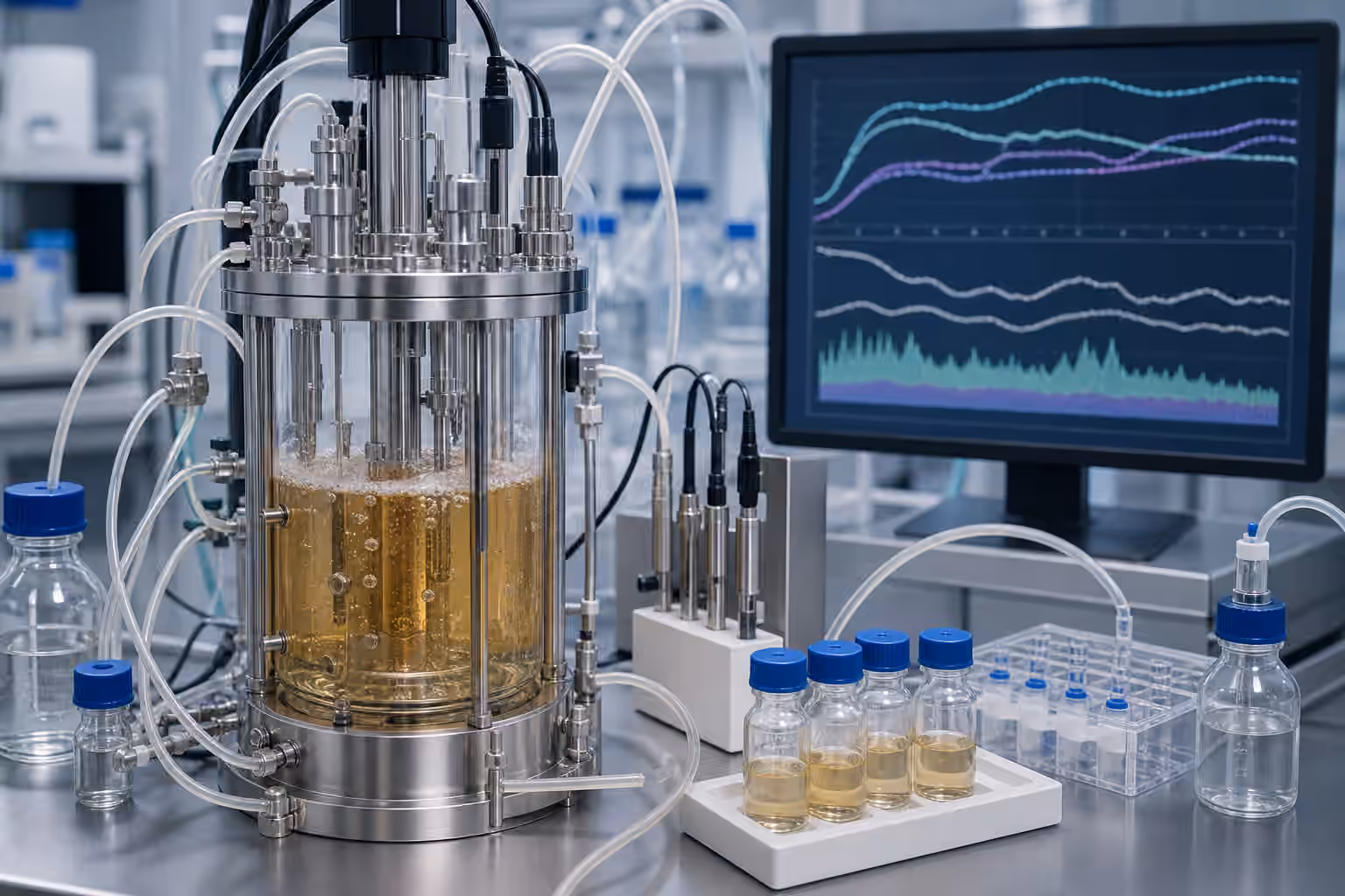 A sealed benchtop bioreactor with probes, tubing, sterile sample bottles, and non-readable process curves.