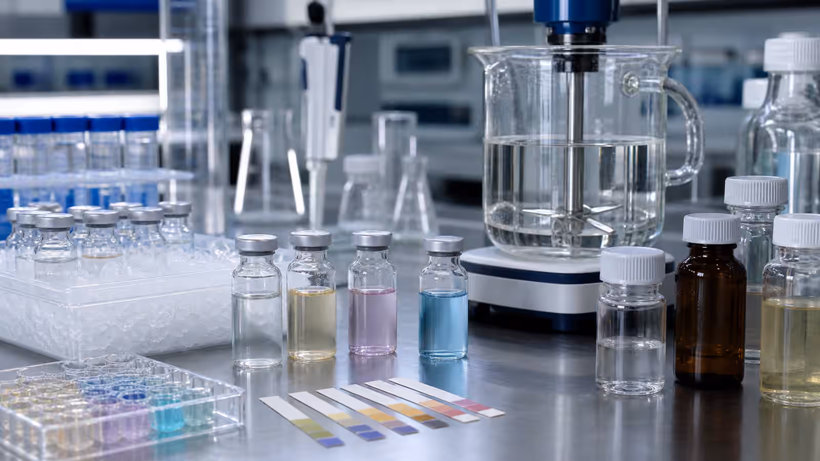 Purified bioproduct samples in sealed vials, cold storage trays, and formulation vessels on a clean lab bench.