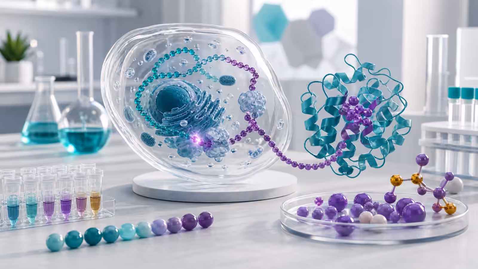 A transparent cell model, protein ribbon, sealed sample tubes, and colored molecular beads representing alternate biological building blocks.