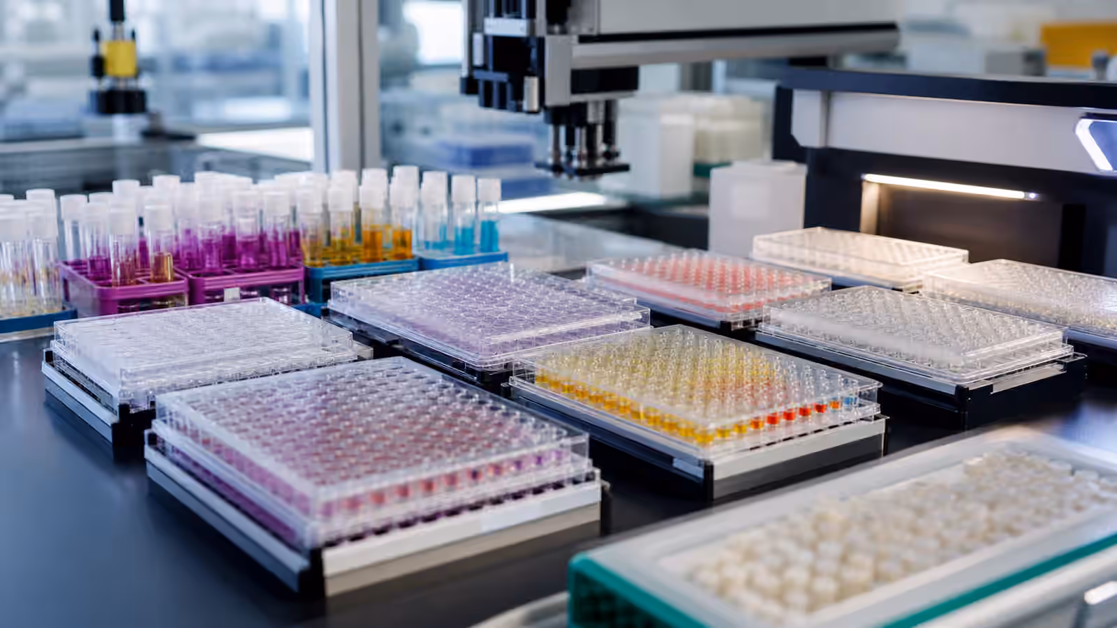 A clean synthetic biology screening bench with sealed microplates, sample tubes, and a robotic plate handler.