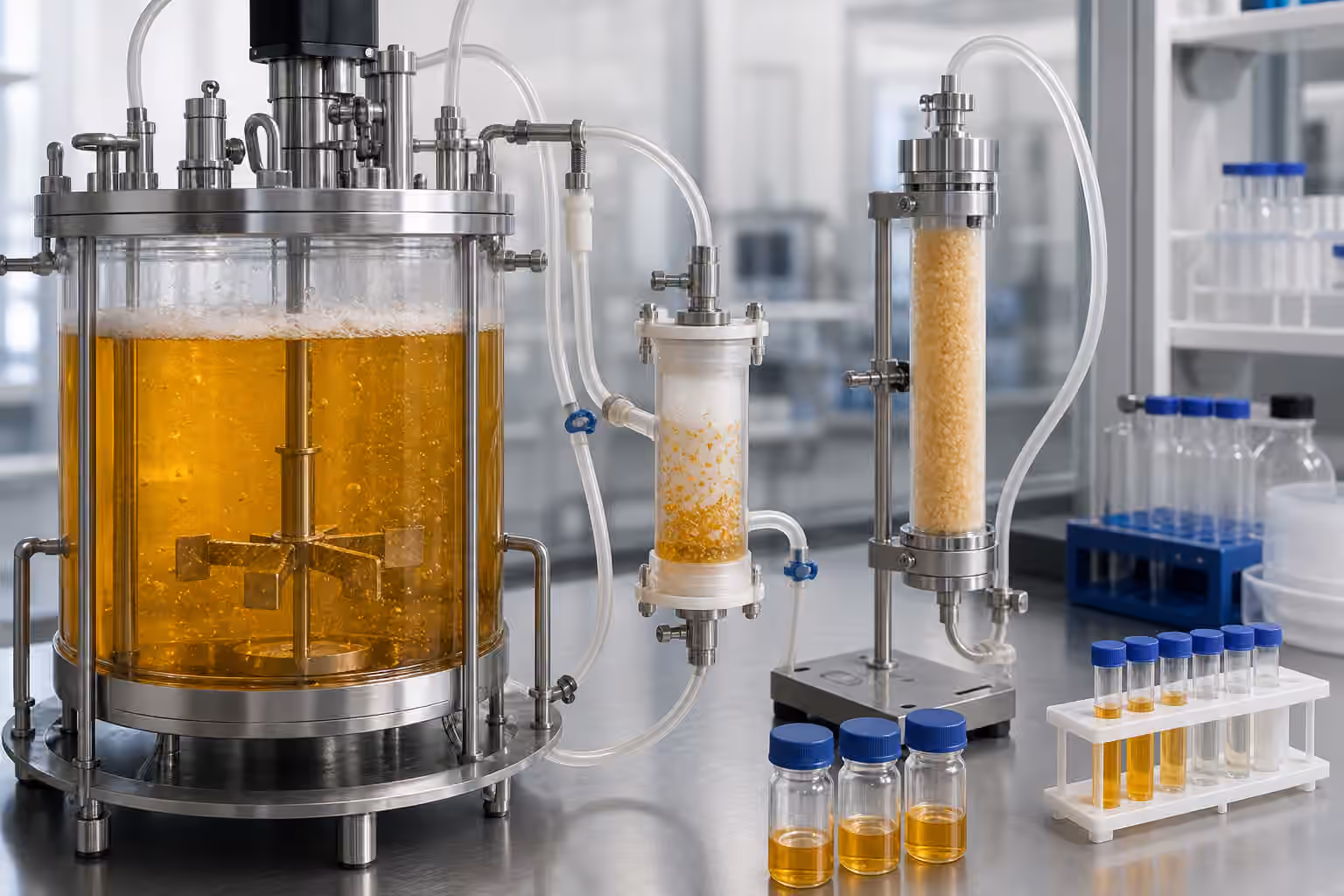 A sealed fermentation vessel connected to a sterile side-loop filter and resin column for product capture.