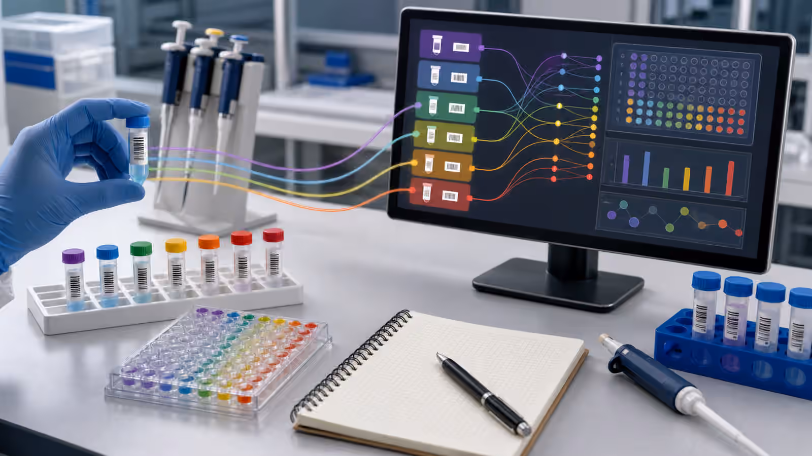A synthetic biology lab bench with tracked sample tubes, a microplate, a blank notebook, and abstract data lineage paths on a screen.