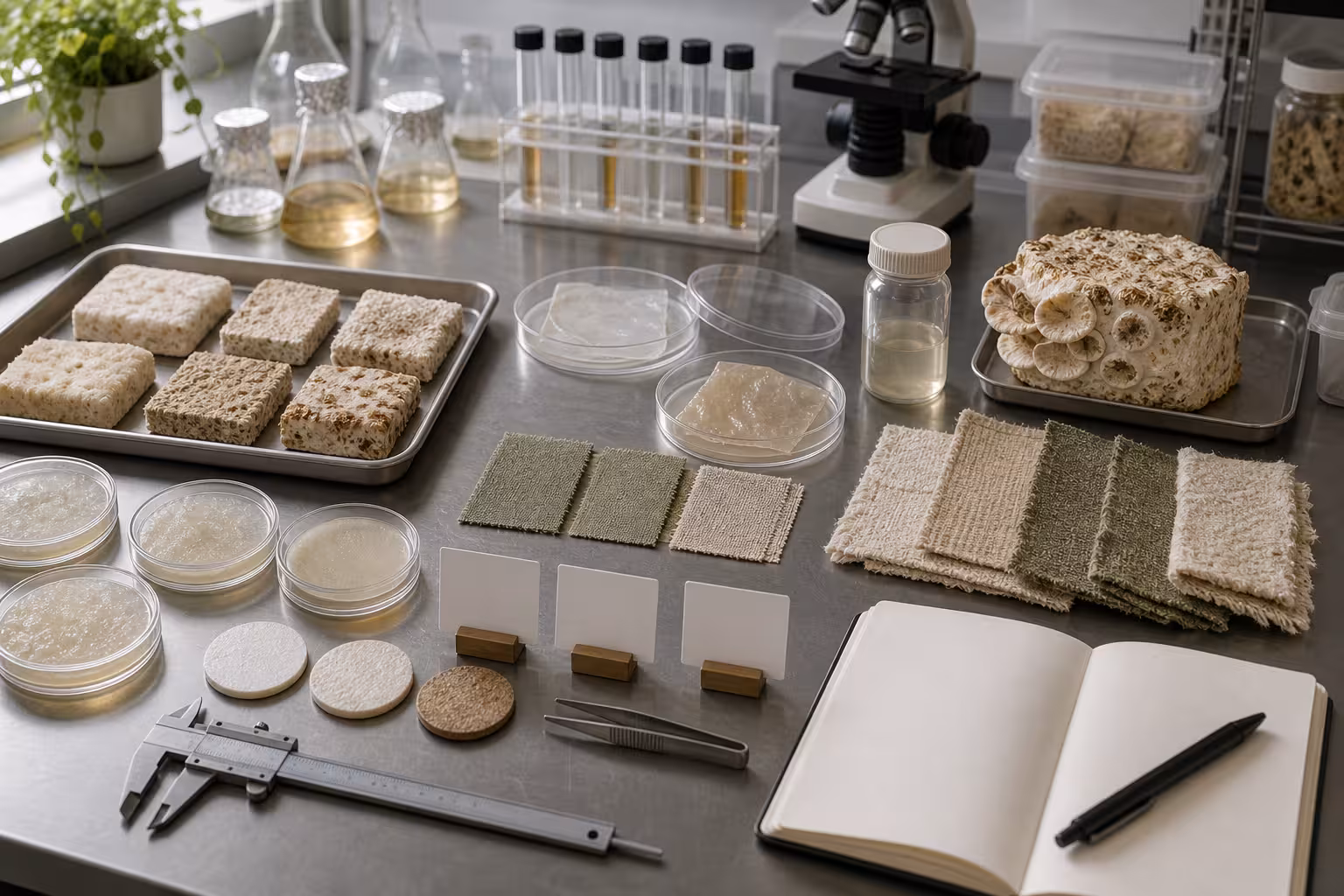 A biofabricated living materials workbench with mycelium composite samples, bacterial cellulose sheets, plant-based textile swatches, sealed petri dishes, calipers, blank cards, and a lab notebook