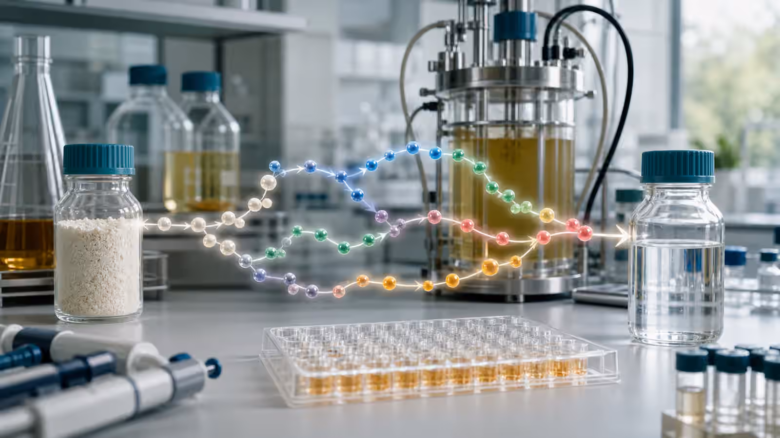 A clean synthetic biology bench with culture flasks, sample vials, and a stylized unlabeled metabolic pathway of colored molecular beads.