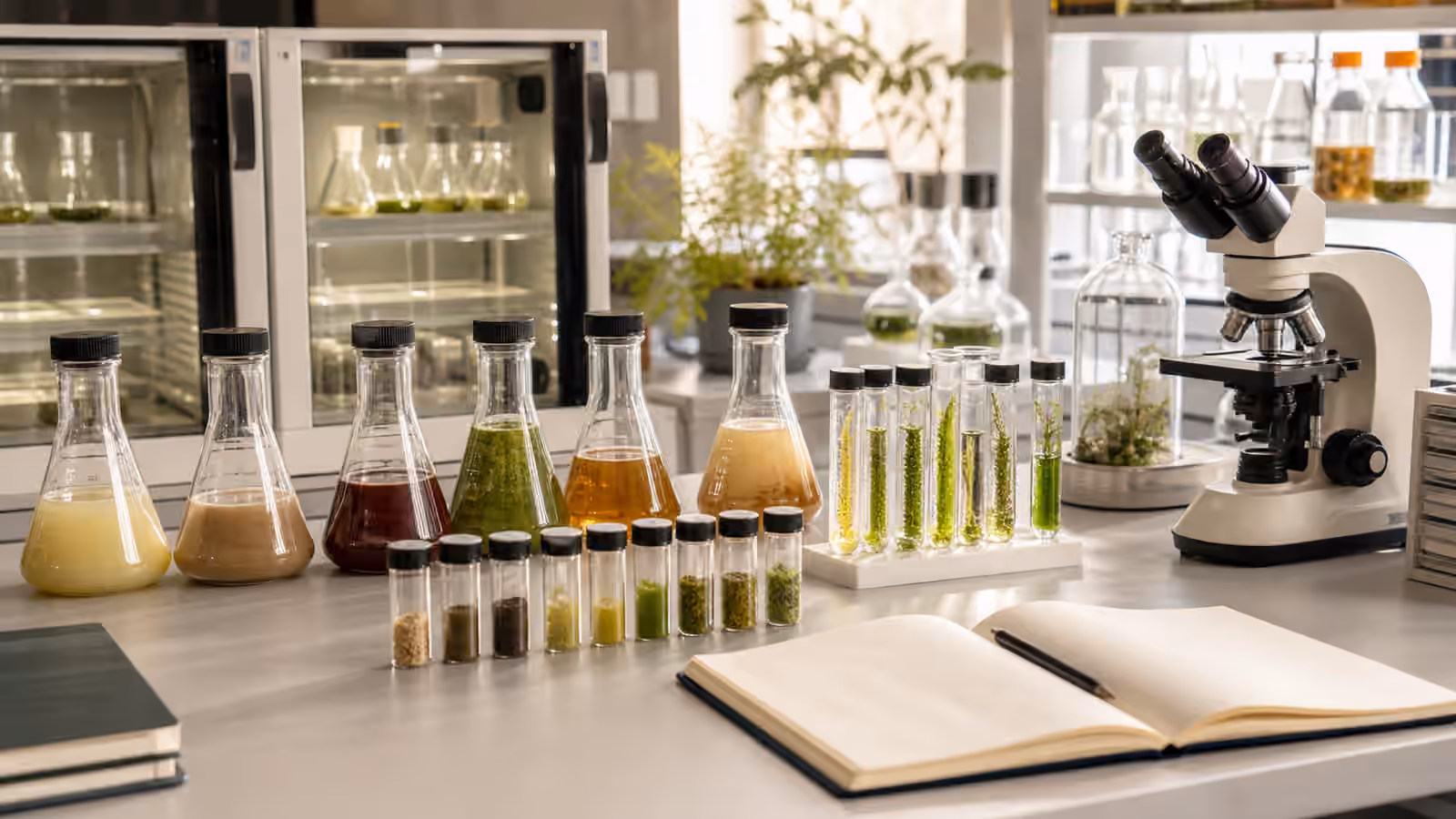 A clean comparative biology bench with sealed culture flasks, algae tubes, plant samples, a microscope, and blank notebooks.