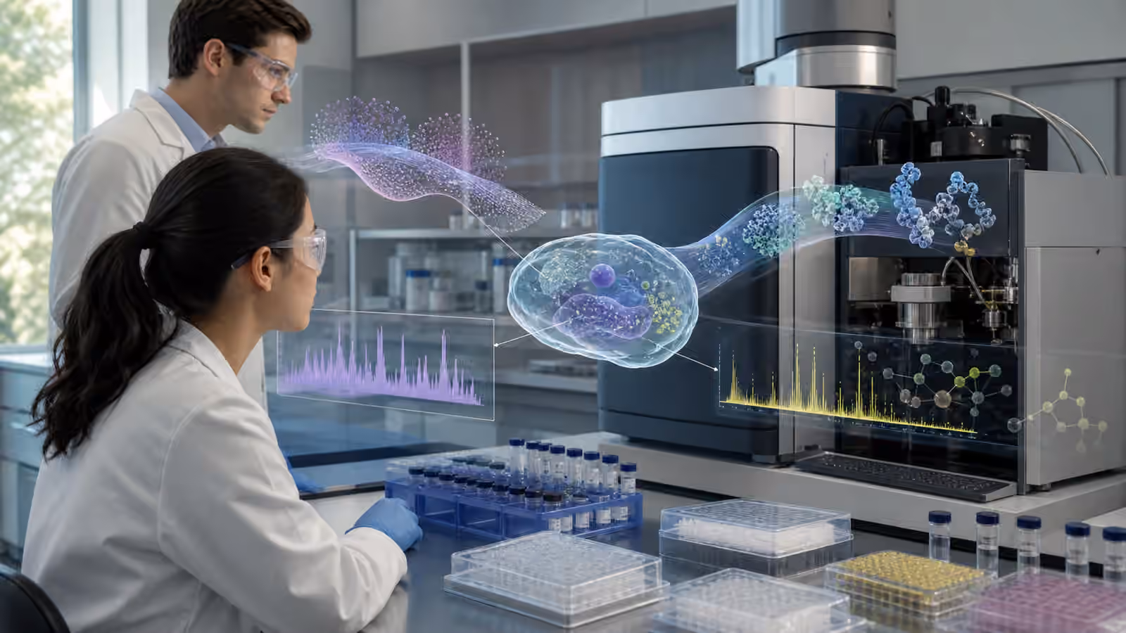Microplates, sealed sample tubes, and analytical instruments arranged for omics characterization of engineered cells.