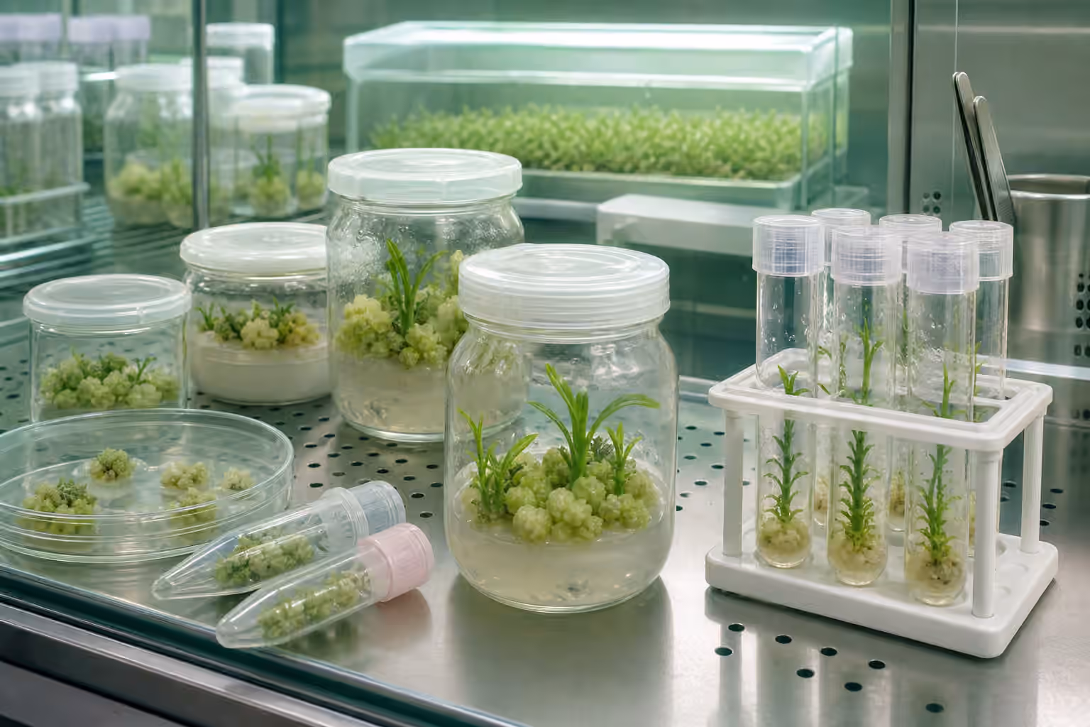 Sterile plant tissue culture vessels with callus clusters, tiny shoots, sample tubes, and a contained clean bench.