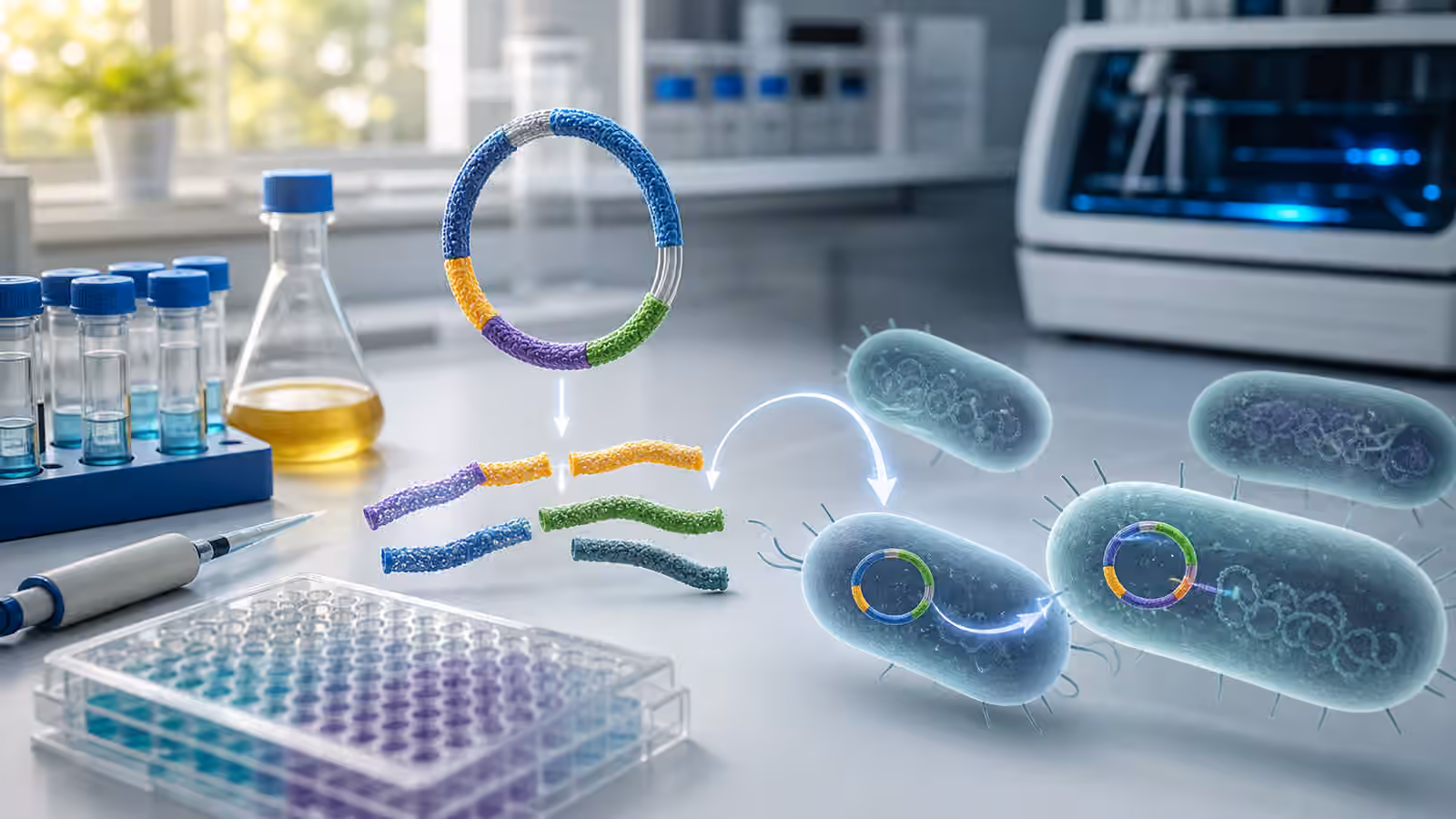 A clean synthetic biology workbench with circular plasmid models, sealed samples, a culture flask, and stylized microbial cells.