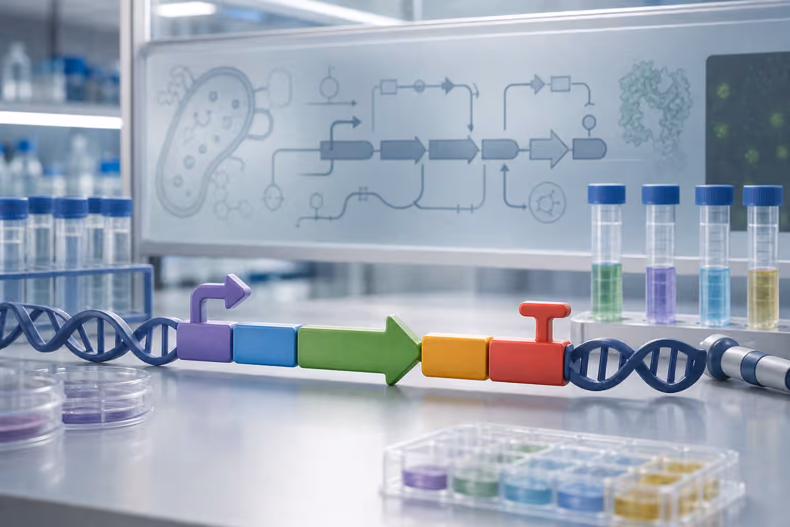 A clean synthetic biology bench with a modular DNA construct, sealed samples, and a non-readable circuit diagram.