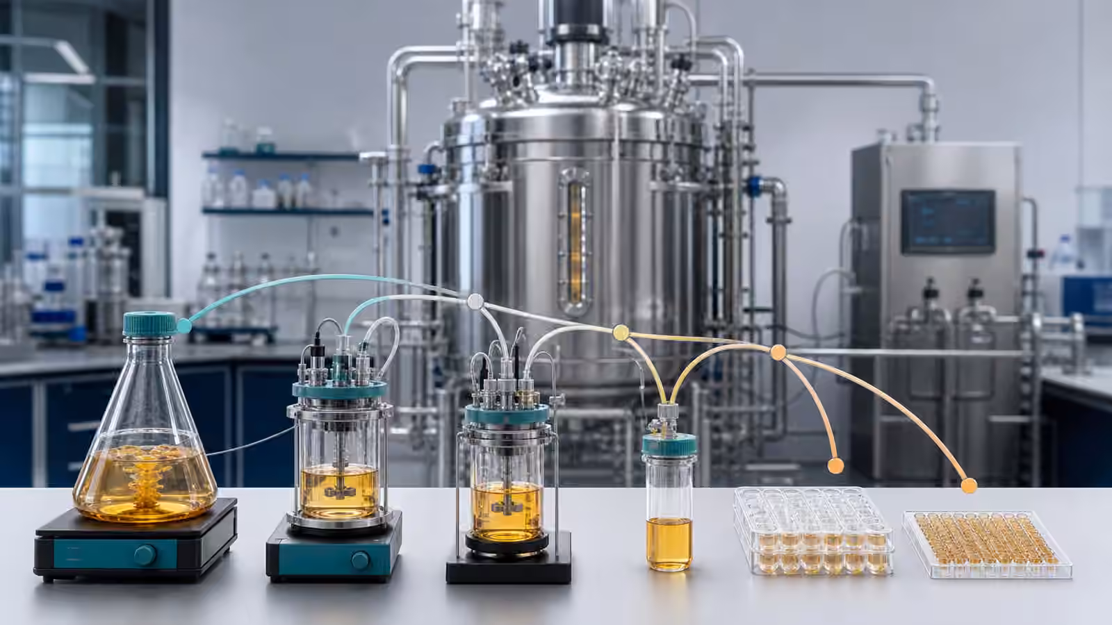 Small bench reactors, shake flasks, microplates, and a larger stainless bioreactor arranged in a clean bioprocess lab.