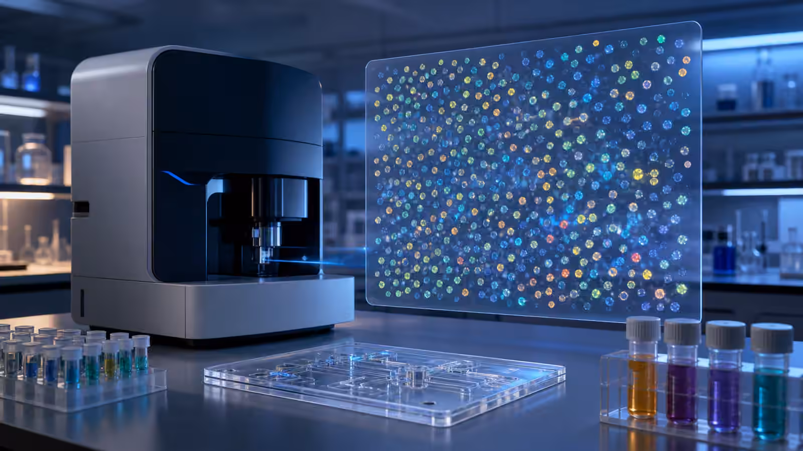 A lab instrument, microfluidic slide, sealed sample tubes, and a text-free panel of many colored cell dots with varied brightness.