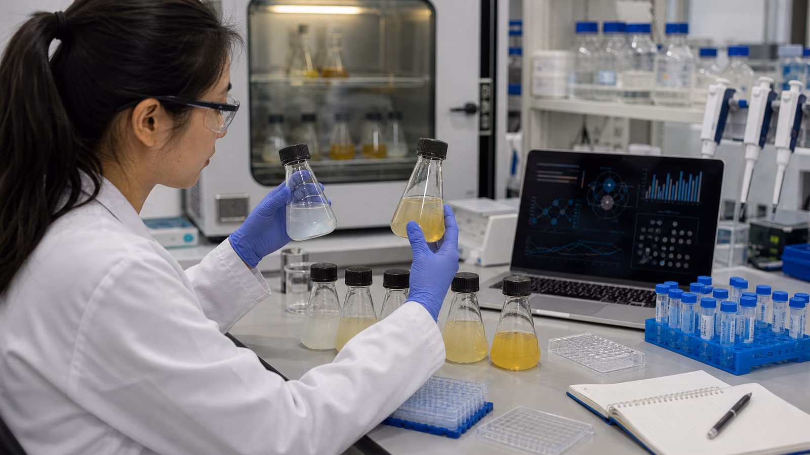A scientist compares microbial culture flasks in a clean biotechnology lab with microplates, pipettes, incubator, sample tubes, and abstract unlabeled charts.