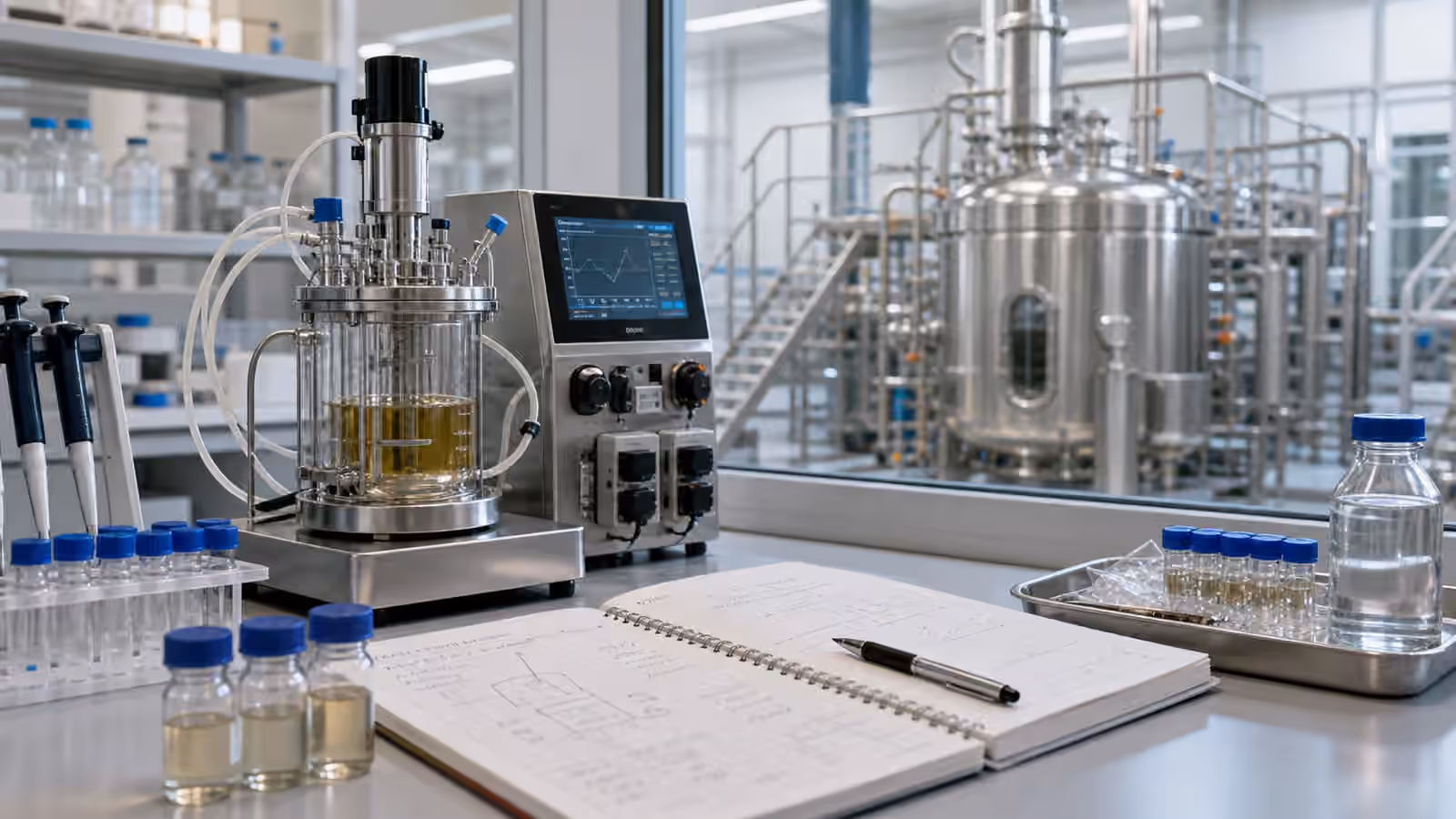 A bench bioreactor, sealed samples, process notes, and a pilot vessel in a clean biomanufacturing transfer lab.