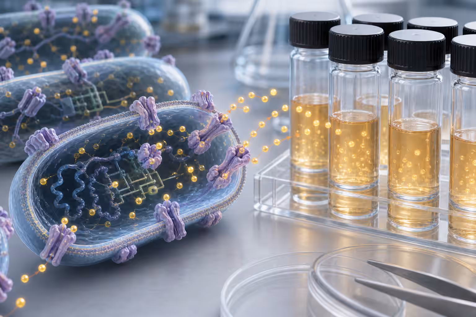 Engineered cells with membrane transporters moving glowing product molecules toward sealed collection vials.