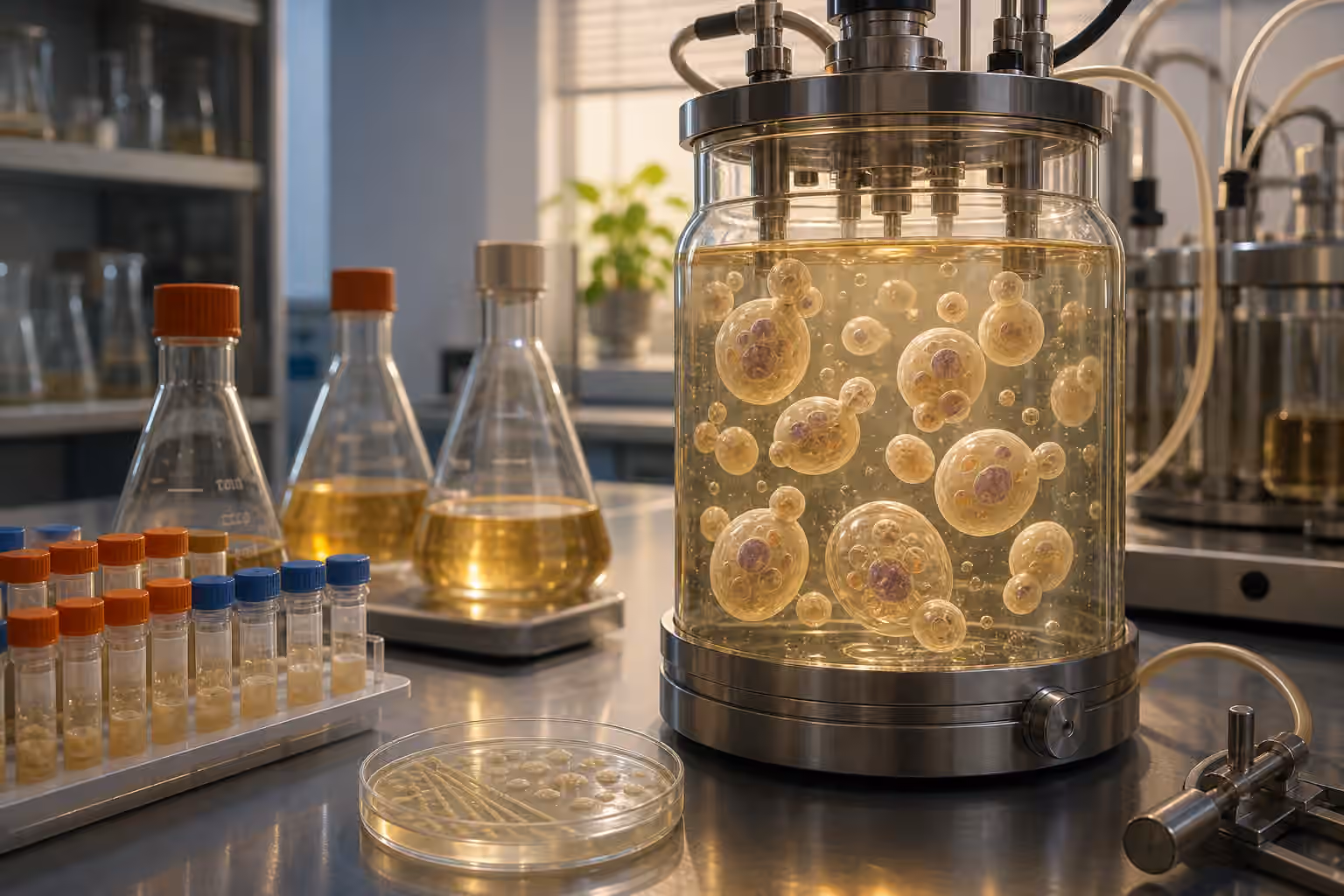 A yeast fermentation vessel with stylized budding cells, culture flasks, sample tubes, and a clean lab bench.