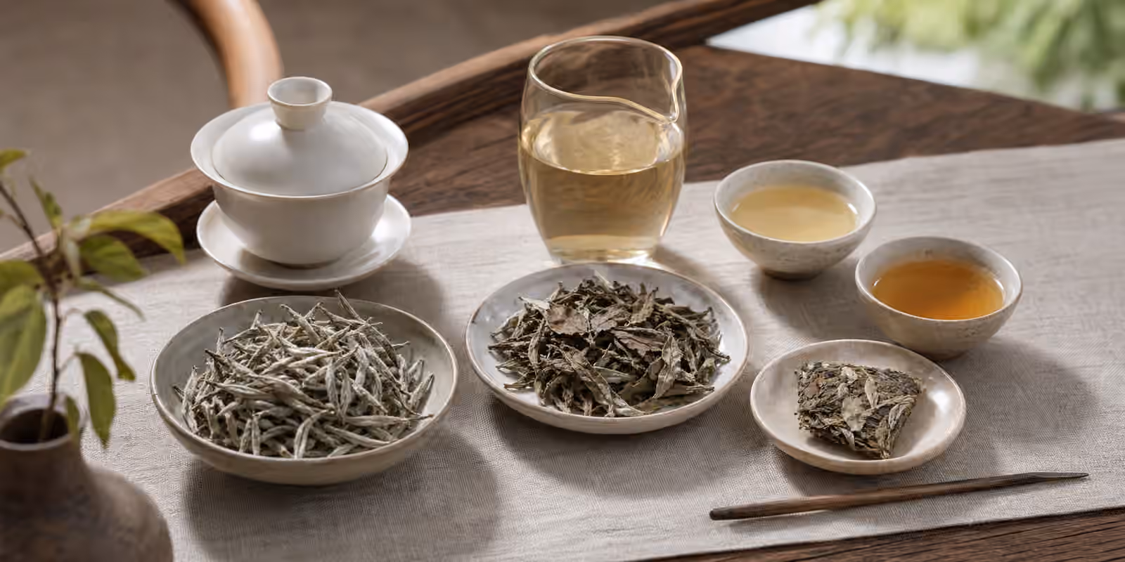 Aged white tea tasting table with silver buds, larger leaves, a compressed cake piece, gaiwan, and pale amber cups.