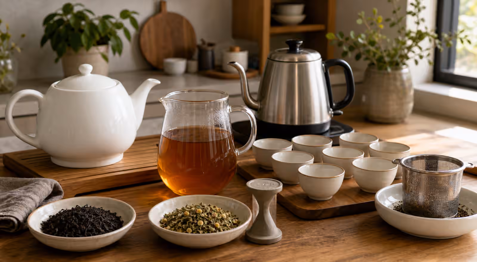 Batch tea service table with large teapot, glass pitcher, guest cups, infuser basket, kettle, and bowls of loose tea.