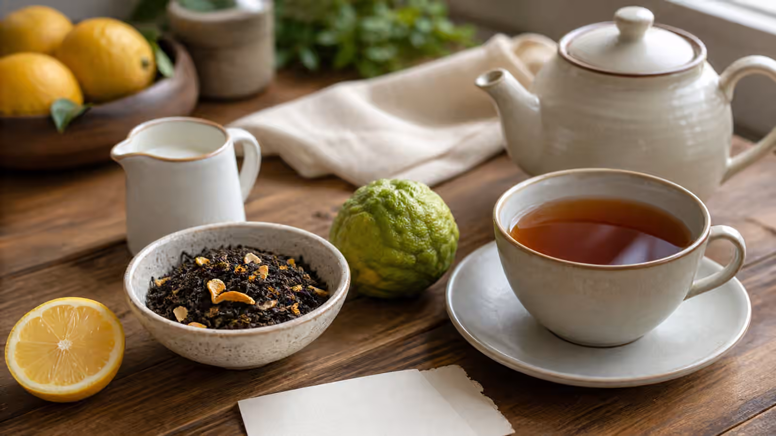 Earl Grey tea table with black tea leaves, citrus peel, bergamot-like fruit, teapot, milk, and lemon.