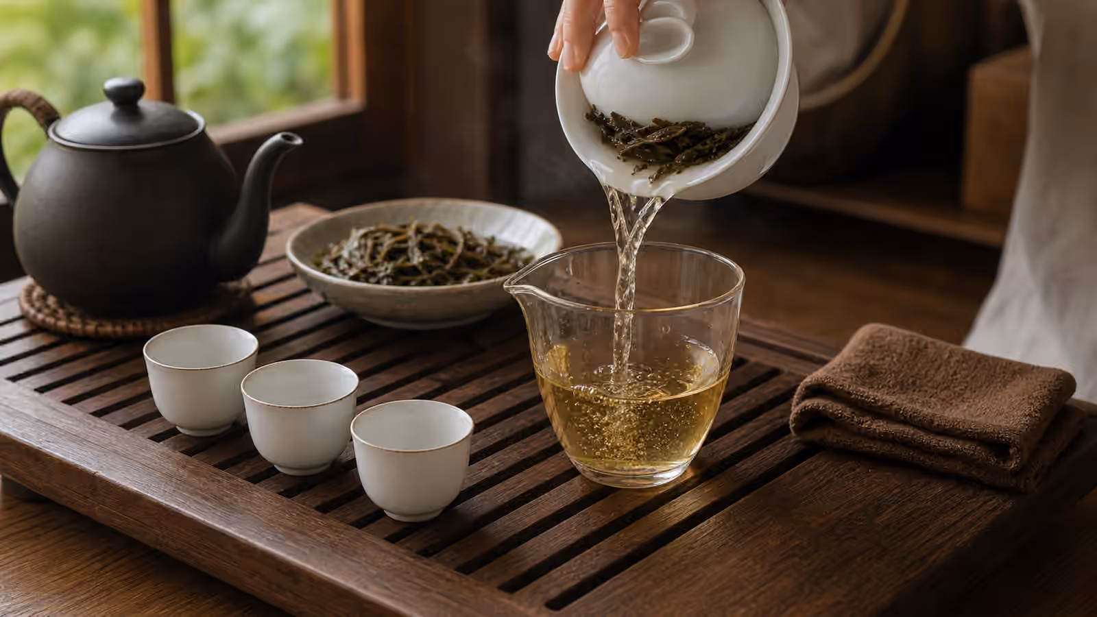 Tea poured from a white gaiwan into a glass fairness pitcher with small cups nearby.