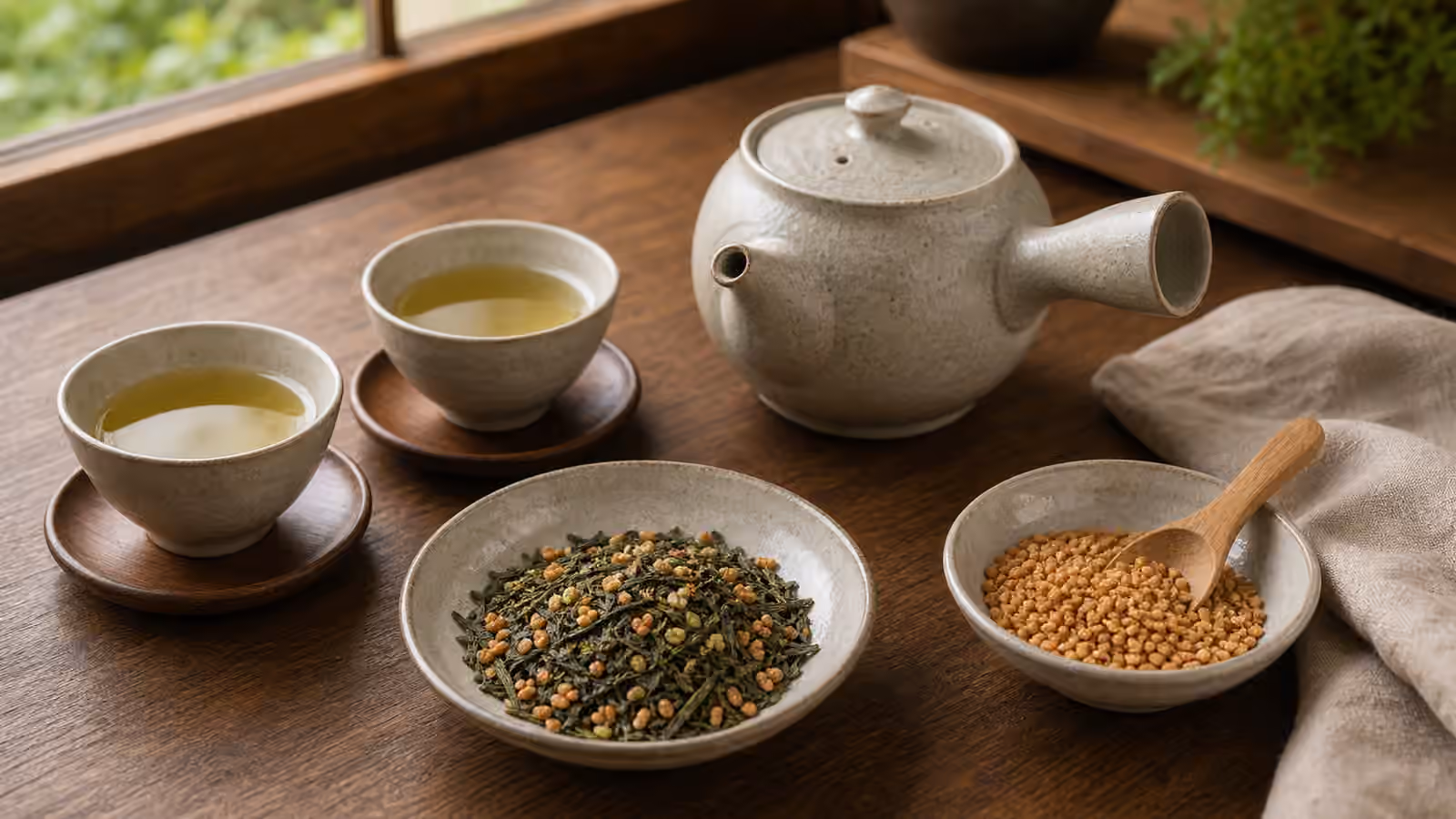 Genmaicha leaves with toasted rice, a kyusu, pale tea cups, and a bowl of toasted rice.