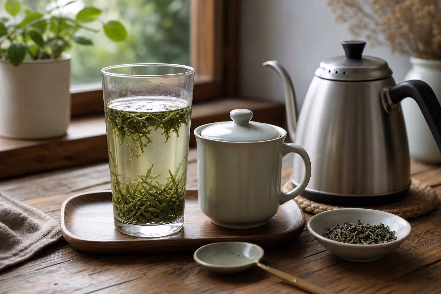 Grandpa style tea setup with loose leaves in a clear glass, a lidded mug, kettle, saucer, and dry leaf bowl.