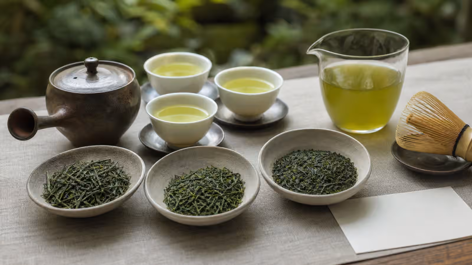 Shaded Japanese green tea leaves beside a kyusu, cooling pitcher, and pale green cups.