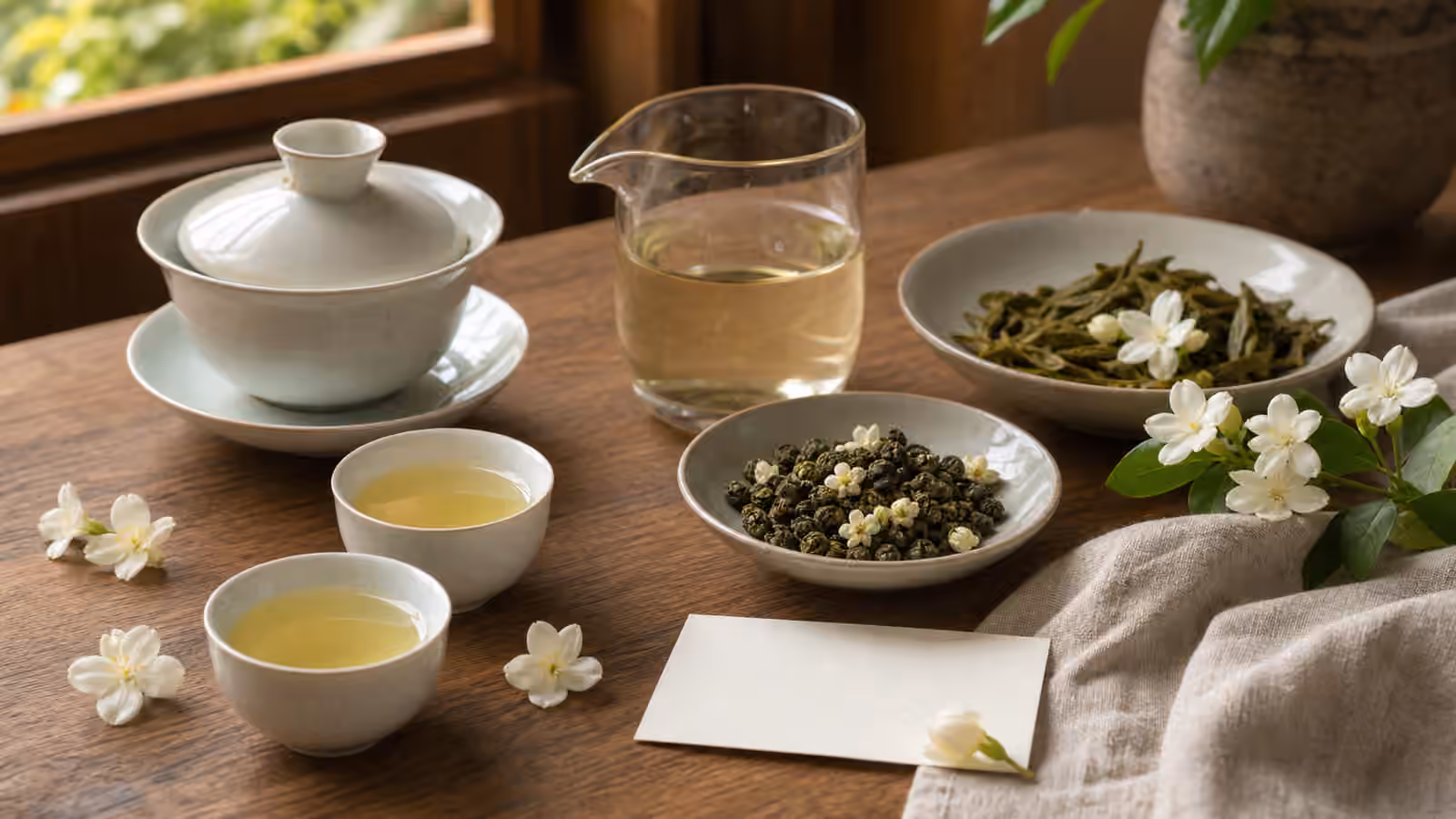 Jasmine tea table with a gaiwan, pale cups, green tea pearls, unfurled leaves, and jasmine blossoms.