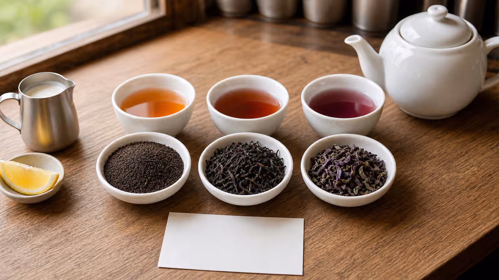 Kenyan-style tea tasting table with black tea leaves, purple-toned leaves, and copper cups.