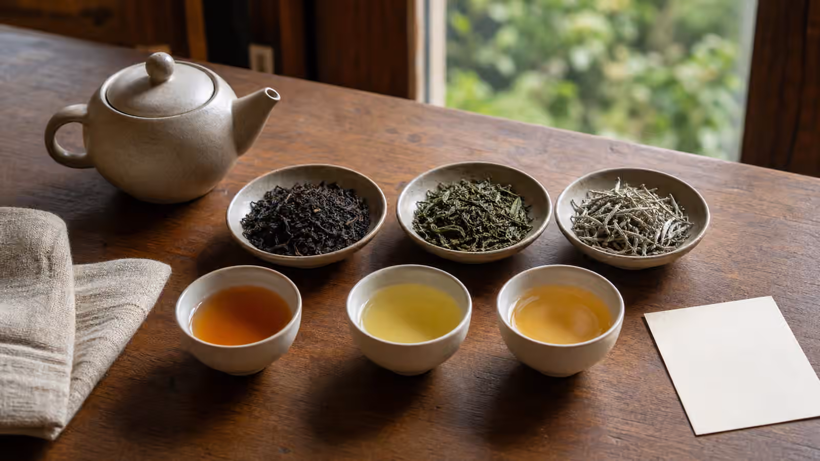 Three cups of Nepali-style tea beside bowls of loose black, green, and white tea leaves.