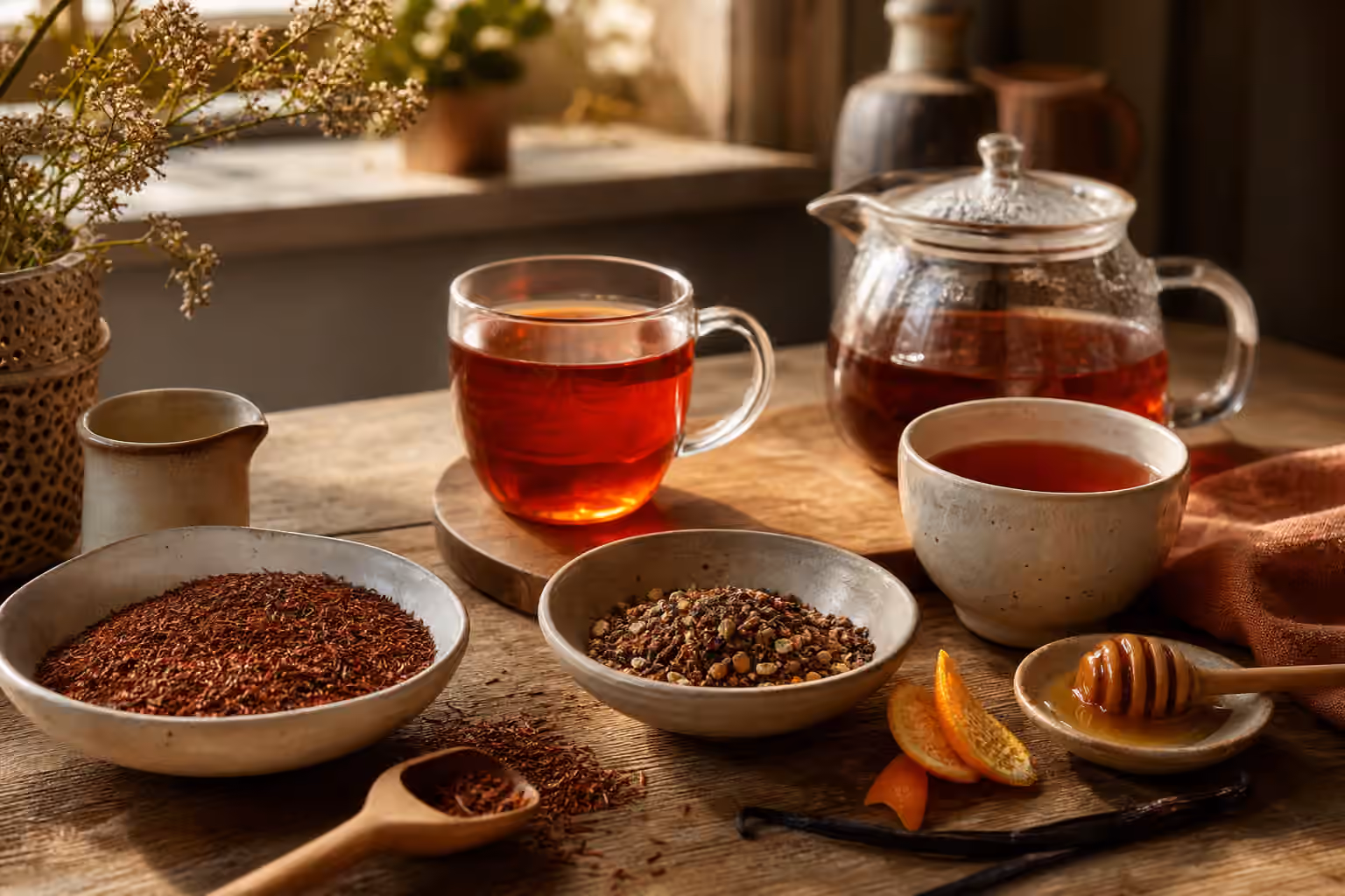 Rooibos and honeybush infusion table with red herbal pieces, ruby cups, a glass teapot, orange peel, and honey spoon.