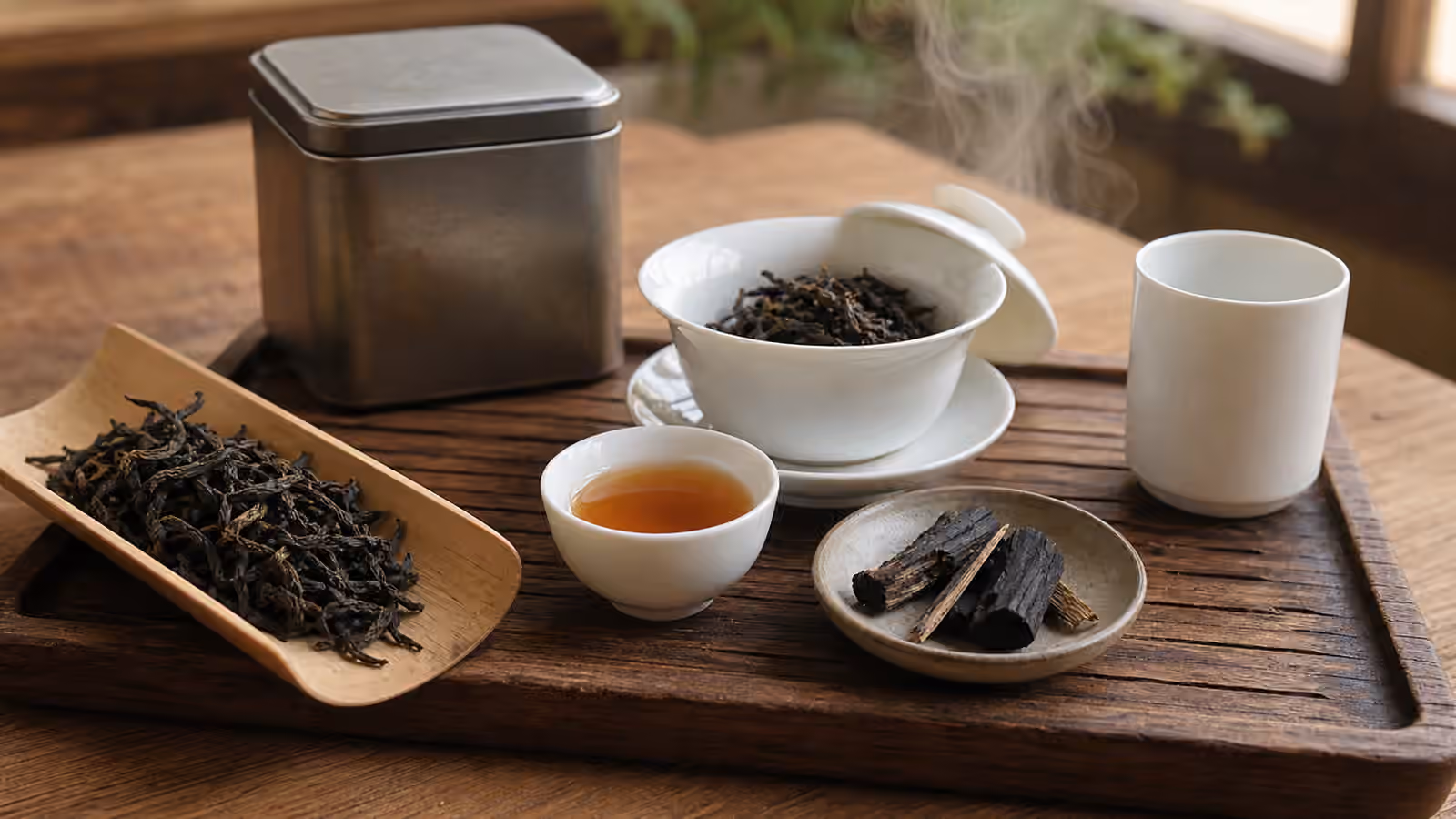Dark twisted tea leaves, amber tea, a gaiwan, a plain tin, and small charred wood pieces.