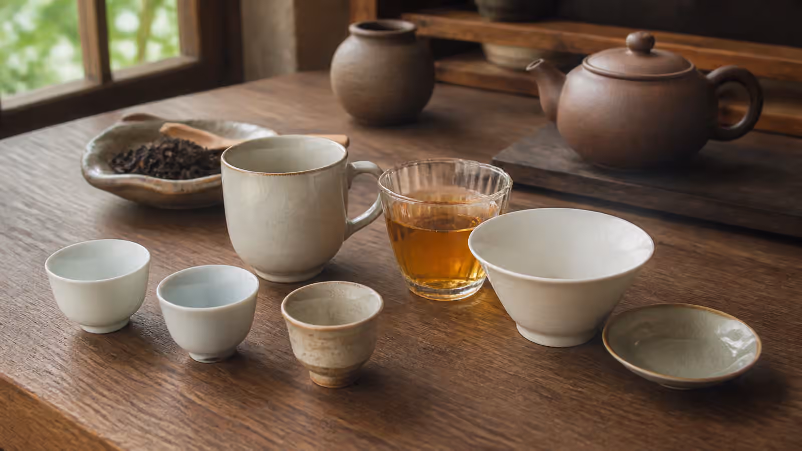 Porcelain cups, a ceramic mug, a glass tea cup, a teapot, and loose tea on a wooden table.