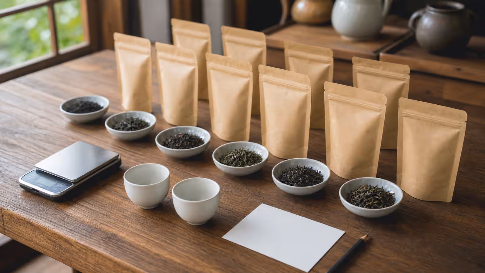 Plain tea sample pouches, loose tea bowls, tasting cups, a scale, and a blank note card.
