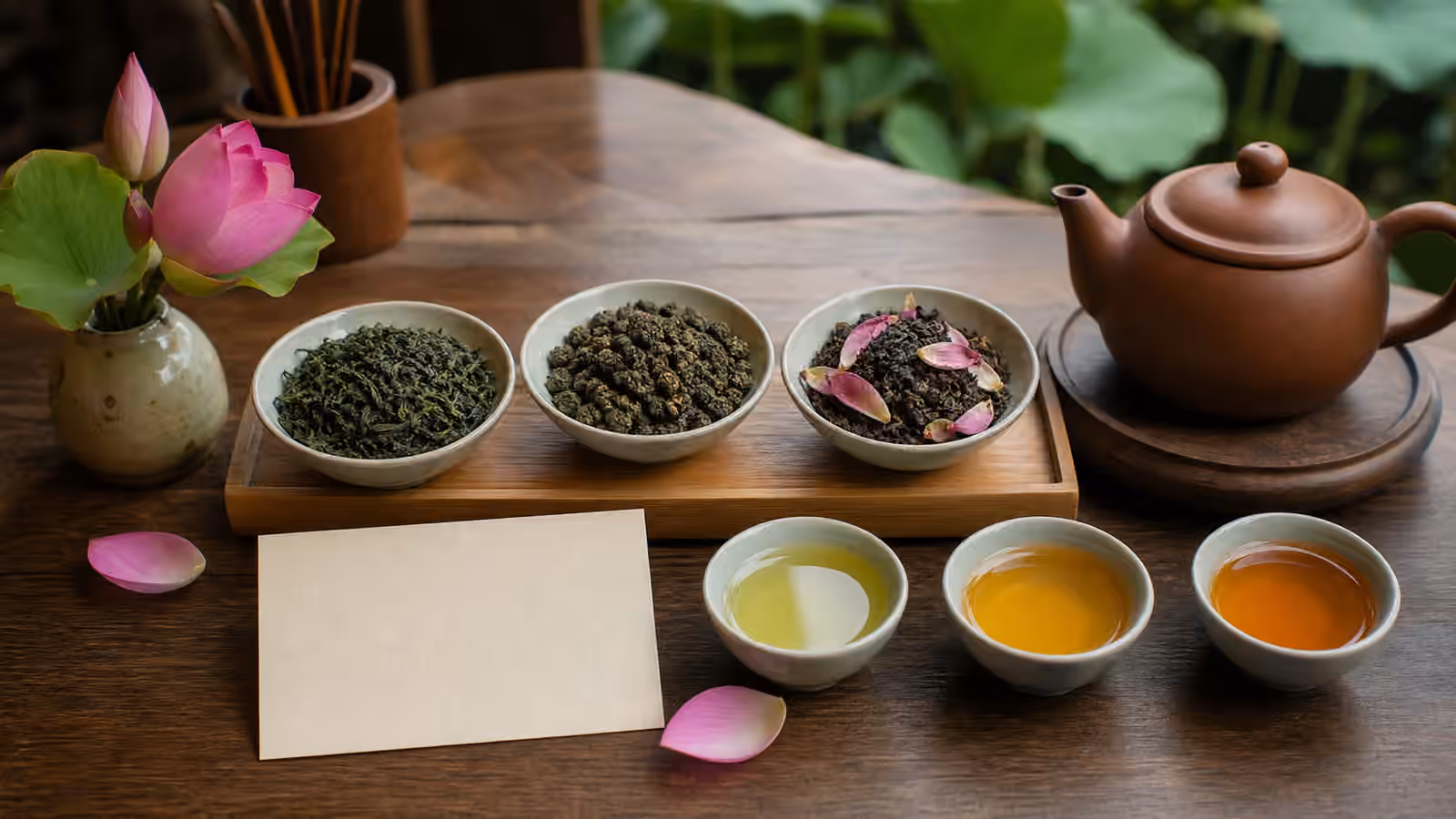 Vietnamese-style tea table with green tea, oolong leaves, lotus petals, clay teapot, and small cups.